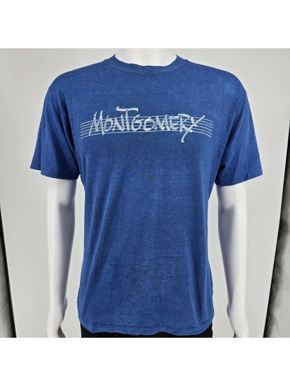 Vintage 1980s Velva Sheen Montgomery Script Logo Soft & Thin Blue T-Shirt (L)